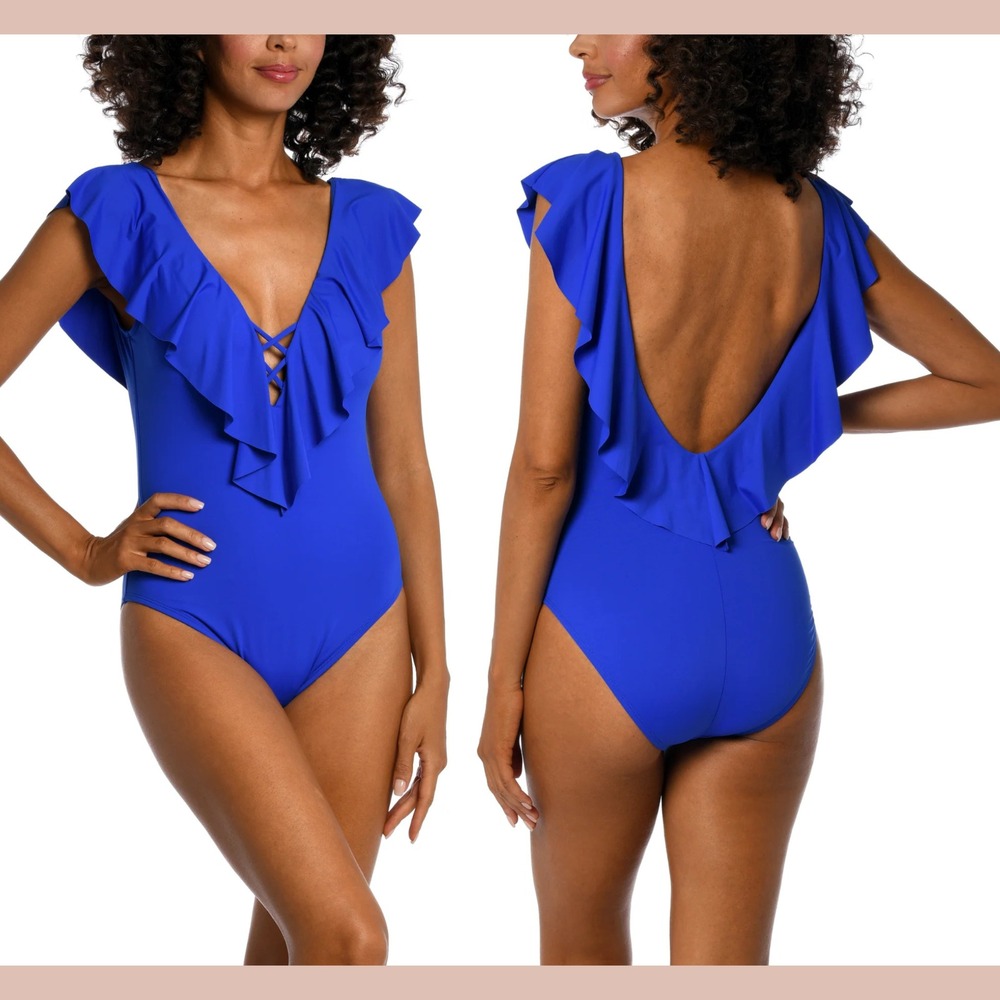 NWT $130 La Blanca [ 12 US ] Ruffle Plunge‎ One-Piece Swimsuit in Sapphire U1335